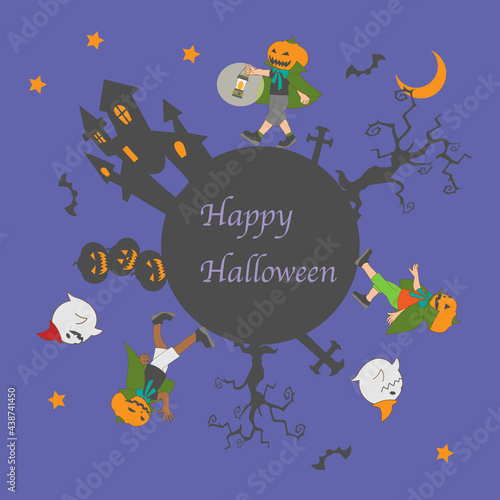 ハロウィンの夜を楽しむかぼちゃに仮装した子供たち