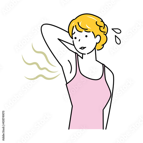不快な脇の下の臭い(わきが)を気にする可愛い女性 イラスト シンプル ベクター