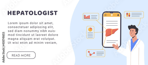 Hepatology Web banner. Consulting Doctor Online on mobile phone. An app explaining Liver Human Organ. Researcher studying liver tissue on internet. Medical Scientist. Flat Vector Illustration.