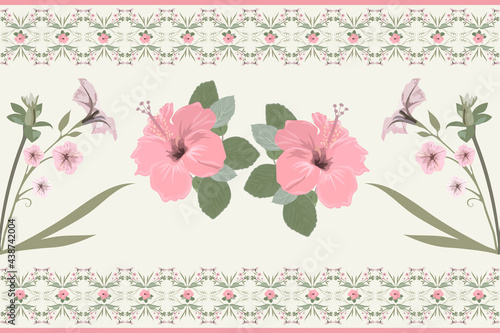 Vector seamless floral border pattern delicate pink flowers on a light pastel background, feminine motive fabric design, postcard, scrapbook, wrapping paper, textile, wallpaper, scarf  Hibiscus flower