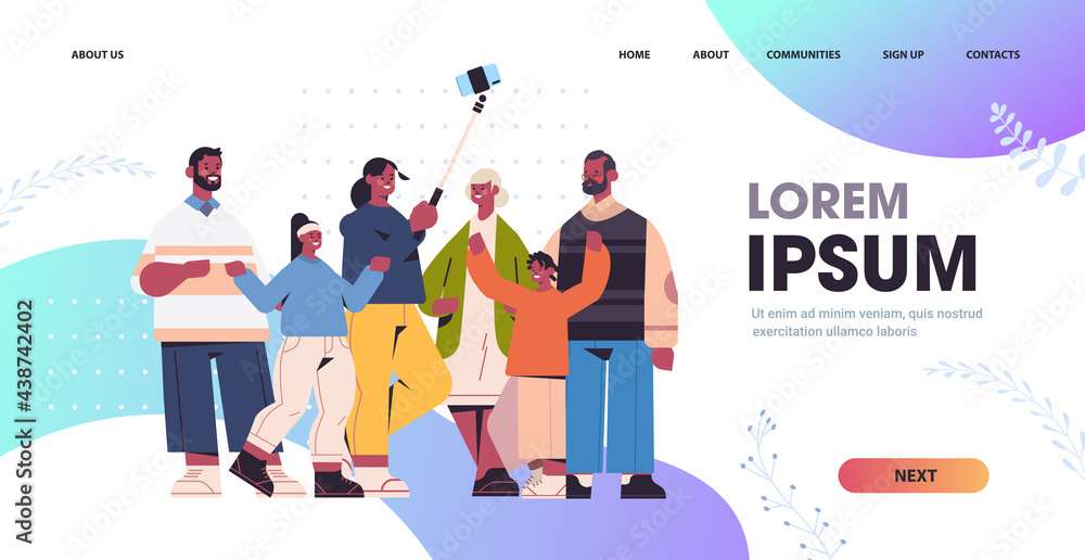 Fototapeta premium multigenerational african american family using selfie stick taking photo on smartphone camera