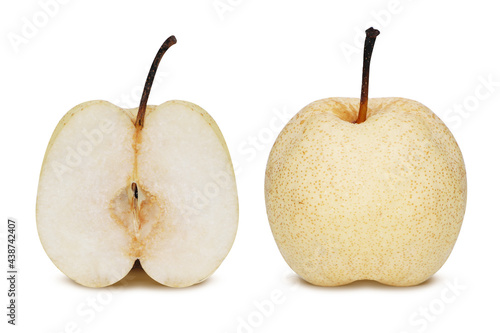 Fresh snow white pear fruit one and a half isolated on the white background with clipping path. Full depth of field.