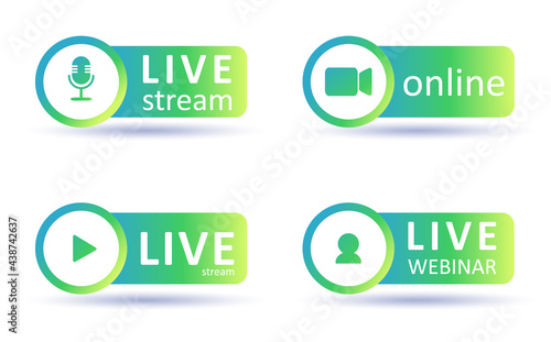 Set of live streaming icons. Gradient symbols and buttons of live streaming, broadcasting, online webinar. Label for tv, shows, movies and live performances. Vector flat illustration. EPS10