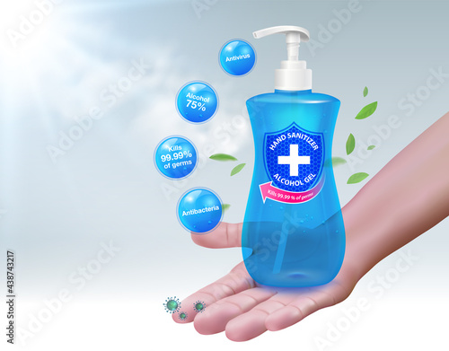 Washing Hand sanitizer gel 75% alcohol component, kills up to 99.99% of coronavirus disease, bacteria and germs. Realistic file.