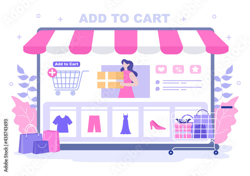 Add To Cart Vector Illustration That Contain List Products  Pictures of Cart and Shopping Items. Landing Page Template