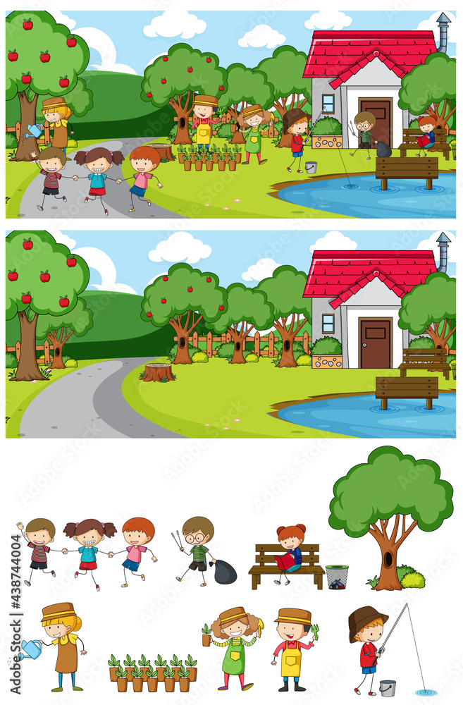 Park scene set with many kids doodle cartoon character isolated Park scene set with many kids doodle cartoon character isolated