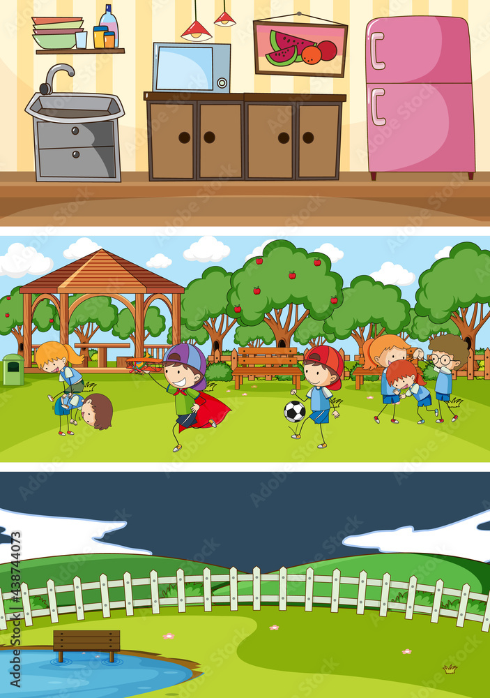 Set of different horizon scenes background with doodle kids cartoon character Set of different horizon scenes background with doodle kids cartoon character