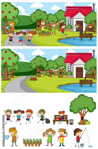 Fototapeta Naklejka Na Ścianę i Meble -  Park scene set with many kids doodle cartoon character isolated