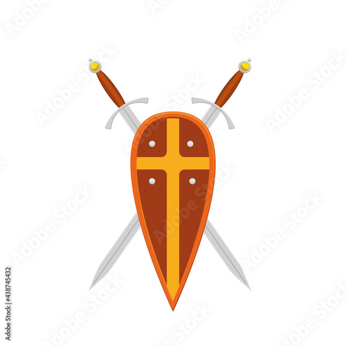 The concept of medieval weapons. A beautiful iron medieval knight's shield with two crossed swords positioned behind a steel shield. the heraldic symbol of the shield and sword. Vector.