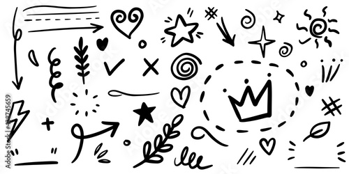 hand drawn set of curly swishes, swashes, swoops. Abstract arrows,  Arrow, heart, love, star, leaf, sun, light, crown, king, queen, on doodle style for concept design. vector illustration.