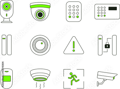Set of Icons Security systems for smart home. CCTV cameras, opening sensor, motion sensor, smoke and fire sensor