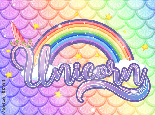 Unicorn font on pastel rainbow fish scales background