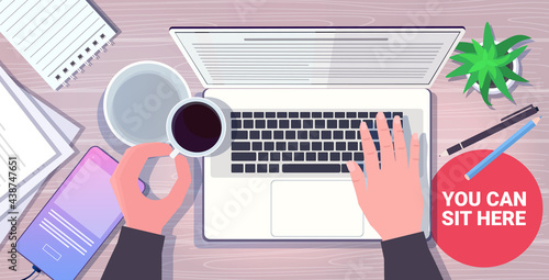 human hands using laptop online communication self isolation coronavirus pandemic quarantine concept
