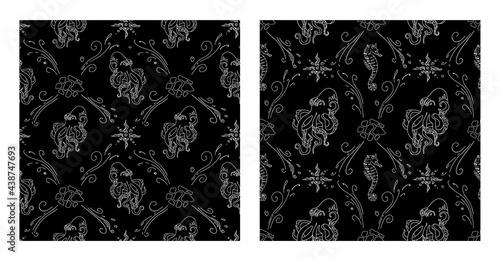 Underwater world in a 2 geometric seamless pattern. White silhouette octopus and seahorse on black background.