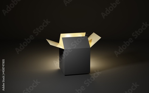 Gift box with gold light on dark background, magic container opens, surprise idea, prize drawing, holiday secret christmas or birthday present, packaging mockup, black friday sale, 3d illustration