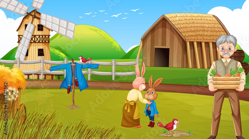 Farm scene with old farmer man and farm animals