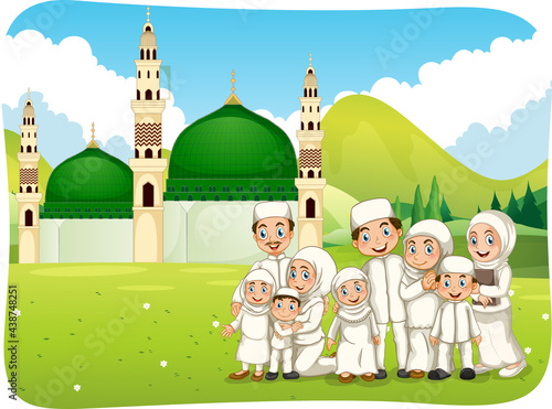 Outdoor scene with muslim family cartoon character