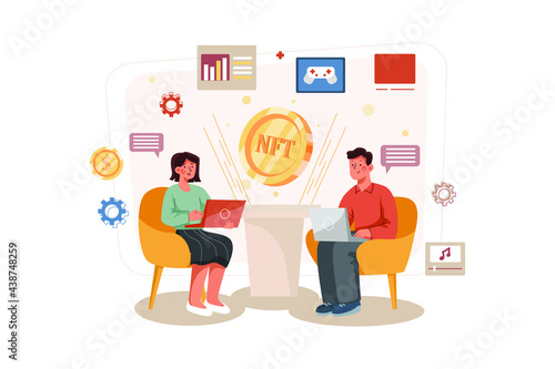 (NTF) Non Fungible Token Illustration concept for Blockchain Technology. Flat illustration isolated on white background.