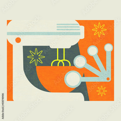 Abstract collage of tools for baking and food preparation. Includes electric mixer, .bowl and set of measuring spoons. Modern cooking theme vector for artwork, decor, social media, banners