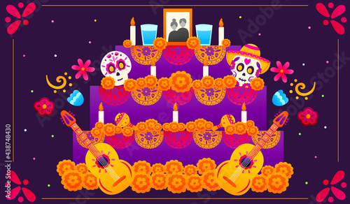 Traditional altar for dia de los muertos with musical instruments and merigolds, sugar skulls with floral elements, festival banner design in cartoon style, celebration day of death