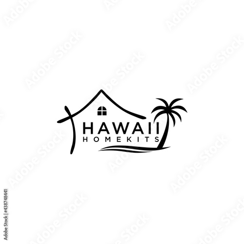 hawaii beach and home with palm tree logo design vector