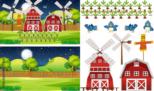 Farm element set isolated with farm scene