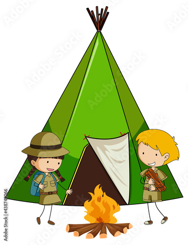 Camping tent with doodle kids cartoon character isolated