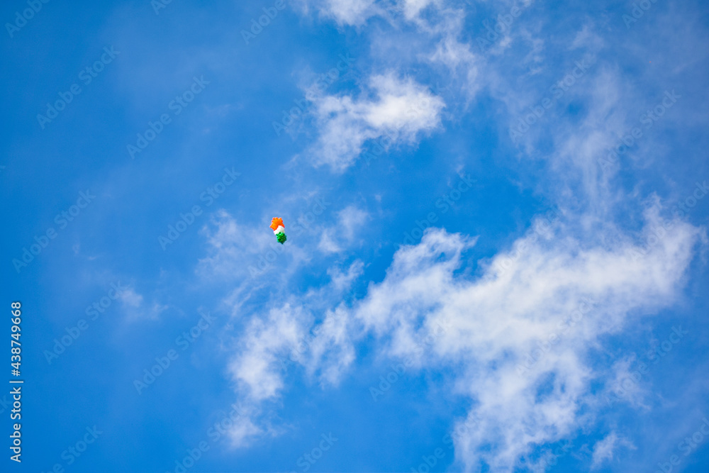 Indian Tricolor shaped balloons flying in the sky Indian Tricolor shaped balloons flying in the sky