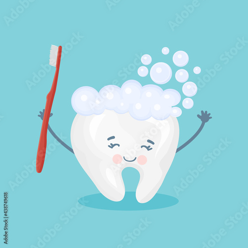 Cute happy smiling tooth with toothbrush and toothpaste hairstyle.Vector modern flat style cartoon character