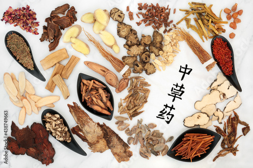 Chinese herbal medicine with a variety of herbs & calligraphy script on rice paper.   Flat lay on marble background. Translation reads as Chinese healing herbs.  photo