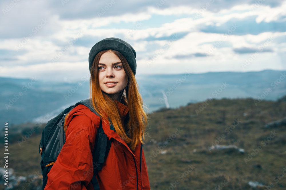 mountains landscape woman vacation adventure backpack tourism model