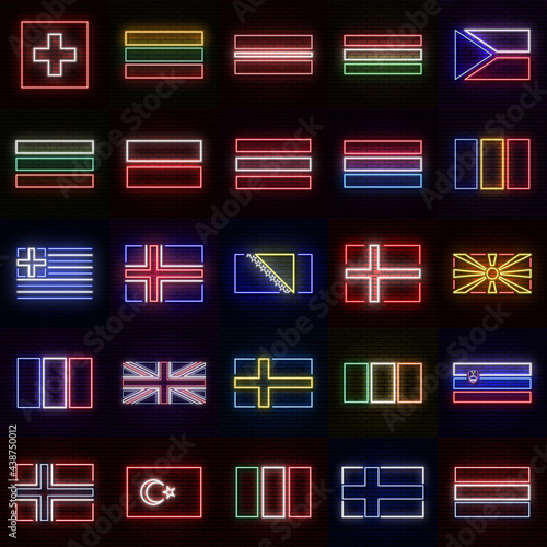 A set of 25 flags of different European countries, in neon style. On the background of a brick wall with a shadow. For decoration of tourist or patriotic themes. Isolated. Collection №2