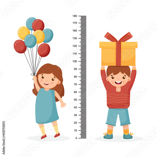 Kids meter wall with a cute cartoon boy, girl and measuring ruler. Vector illustration of an boy and girl isolated.