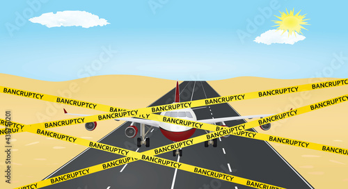 Yellow tape quarantine in front of airplane. vector