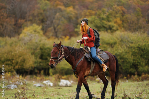 woman hiker travel mountains nature riding horse landscape © SHOTPRIME STUDIO