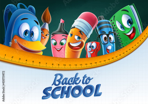 cartoon school characters scene on blackboard background and notebook sheets