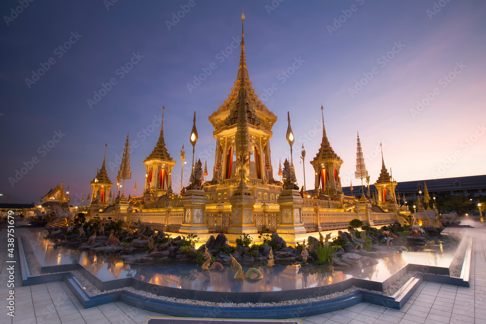 Royal crematorium. The royal pyre for royal funeral of H.M. King Bhumibol Adulyadej at Sanamlaung, Bangkok, Thailand. Long exposure, Moving crowd.