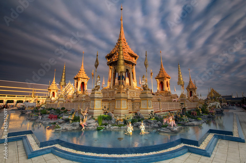 Royal crematorium. The royal pyre for royal funeral of H.M. King Bhumibol Adulyadej at Sanamlaung, Bangkok, Thailand. Long exposure, Moving crowd.