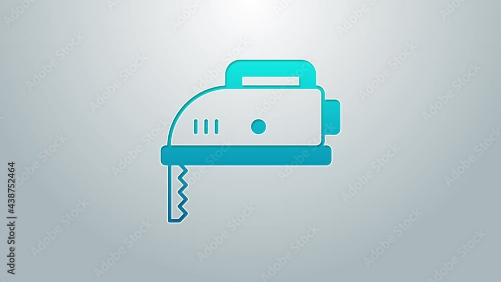 Blue line Electric jigsaw with steel sharp blade icon isolated on grey background. Power tool for woodwork. 4K Video motion graphic animation Blue line Electric jigsaw with steel sharp blade icon isolated on grey background. Power tool for woodwork. 4K Video motion graphic animation
