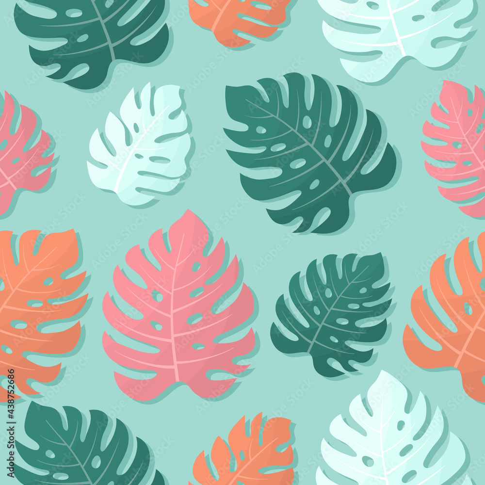 Fototapeta premium Pink, orange, green monstera leaves on a blue background. Seamless tropical pattern. Suitable for background, printing on fabric, wallpaper, wrapping paper, phone case. Vector summer illustration