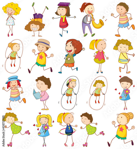 Set of different kids in doodle style