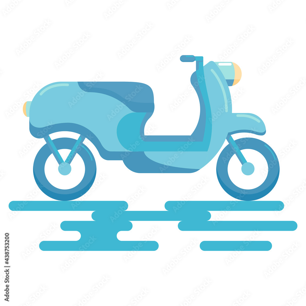 Flat style icon of vintage blue scooter for travel or home delivery. Cartoon motorbike isolated on white background. Vector illustration