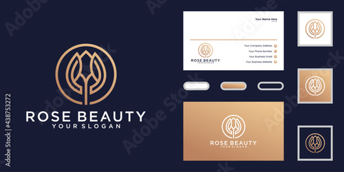 beauty flower logo with line art style and circle logo and business card design