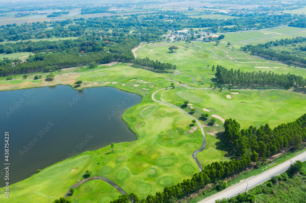 High angle golf course with nature background