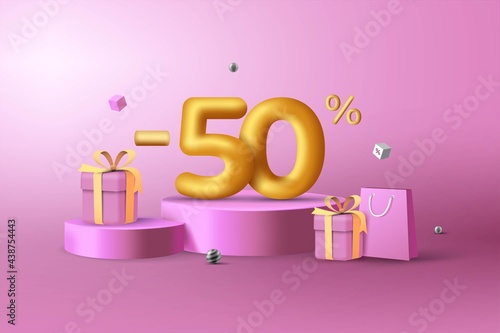 50% Off. 3D Gold Discount numbers on podium with shopping bag and gift box vector. Price off tag design on pink purple background vector illustration