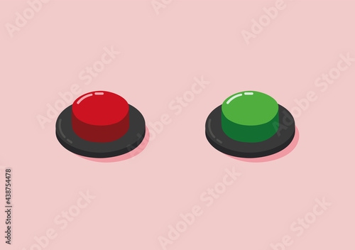 Round button in red and green. Start and stop button. Volumetric 3D icon.