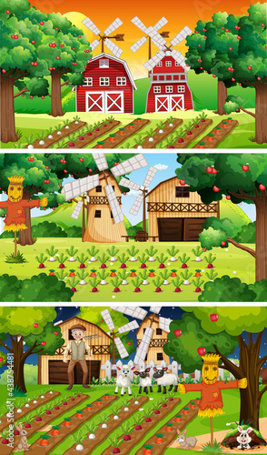 Different farm scenes with old farmer and animal cartoon character