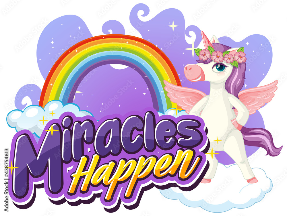 Unicorn cartoon character with Miracles Happen font banner Unicorn cartoon character with Miracles Happen font banner