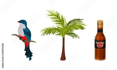 National Cuba Symbols with Cuban Trogon or Tocororo and Rum Vector Set