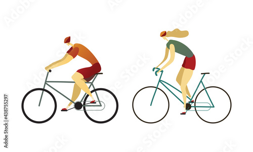 Man and Woman Riding Bicycle Enjoying Vacation or Weekend Activity Vector Set